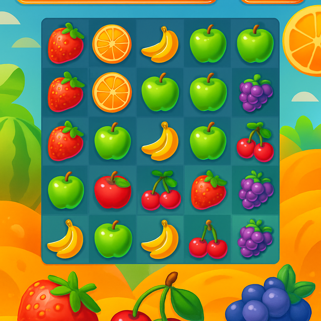 Vibrant fruit-themed level showcasing colorful backgrounds and various fruits to smash