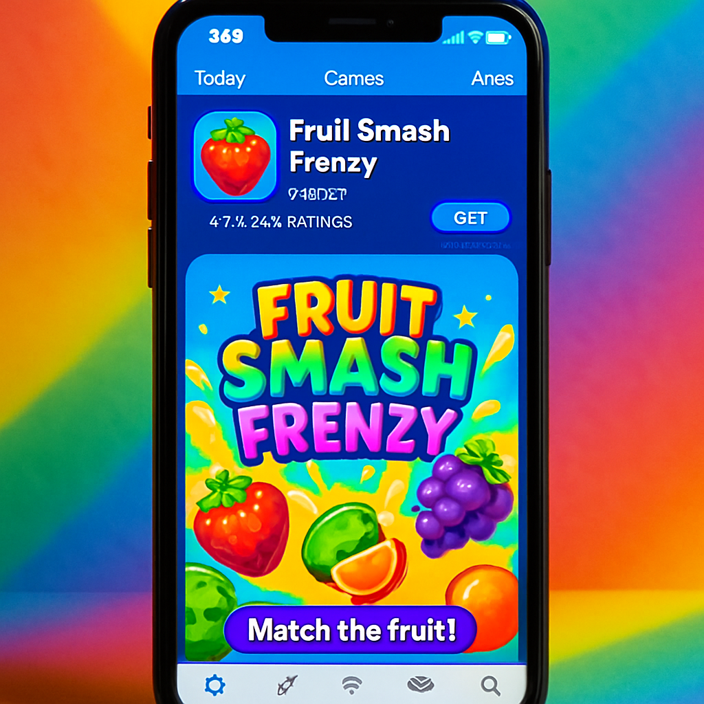 A smartphone displaying the Fruit Smash Frenzy app in a colorful app store