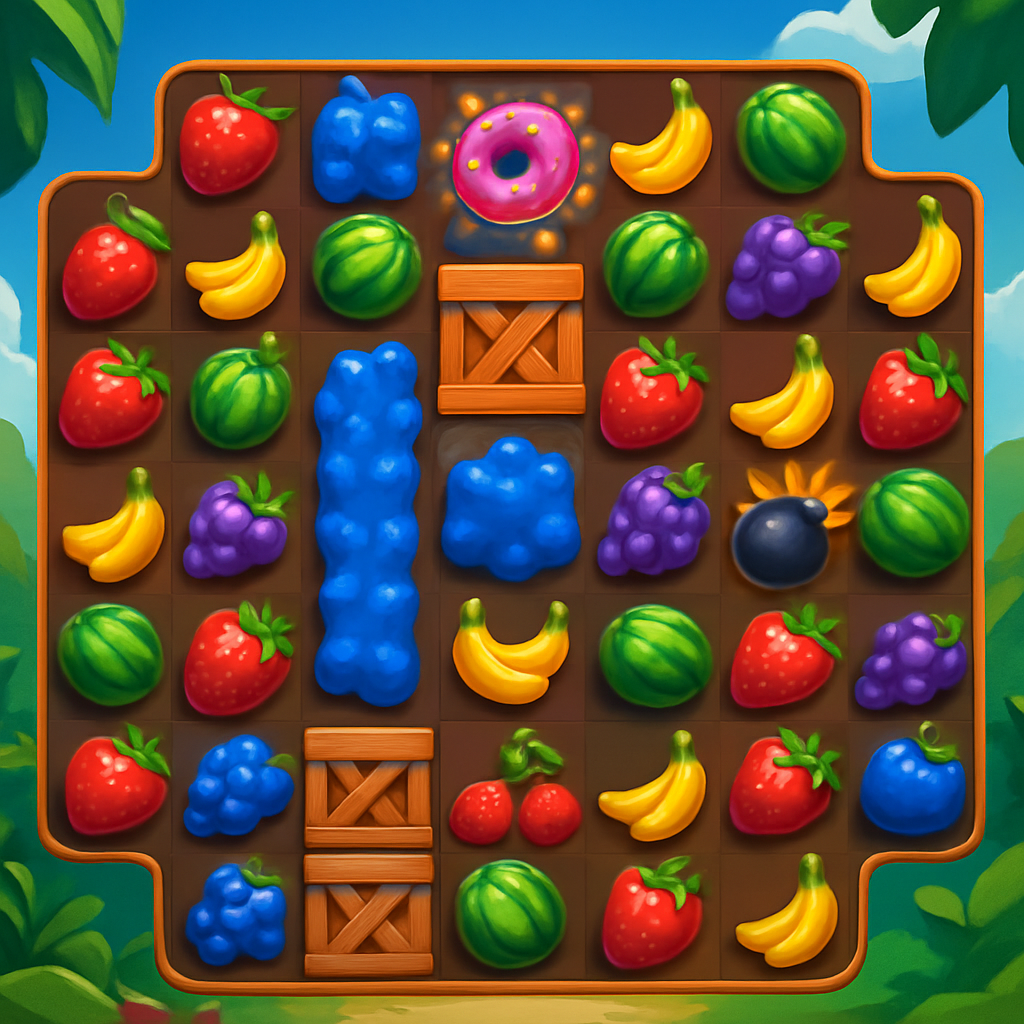 Challenging level with obstacles and power-ups in a fruit-smashing game